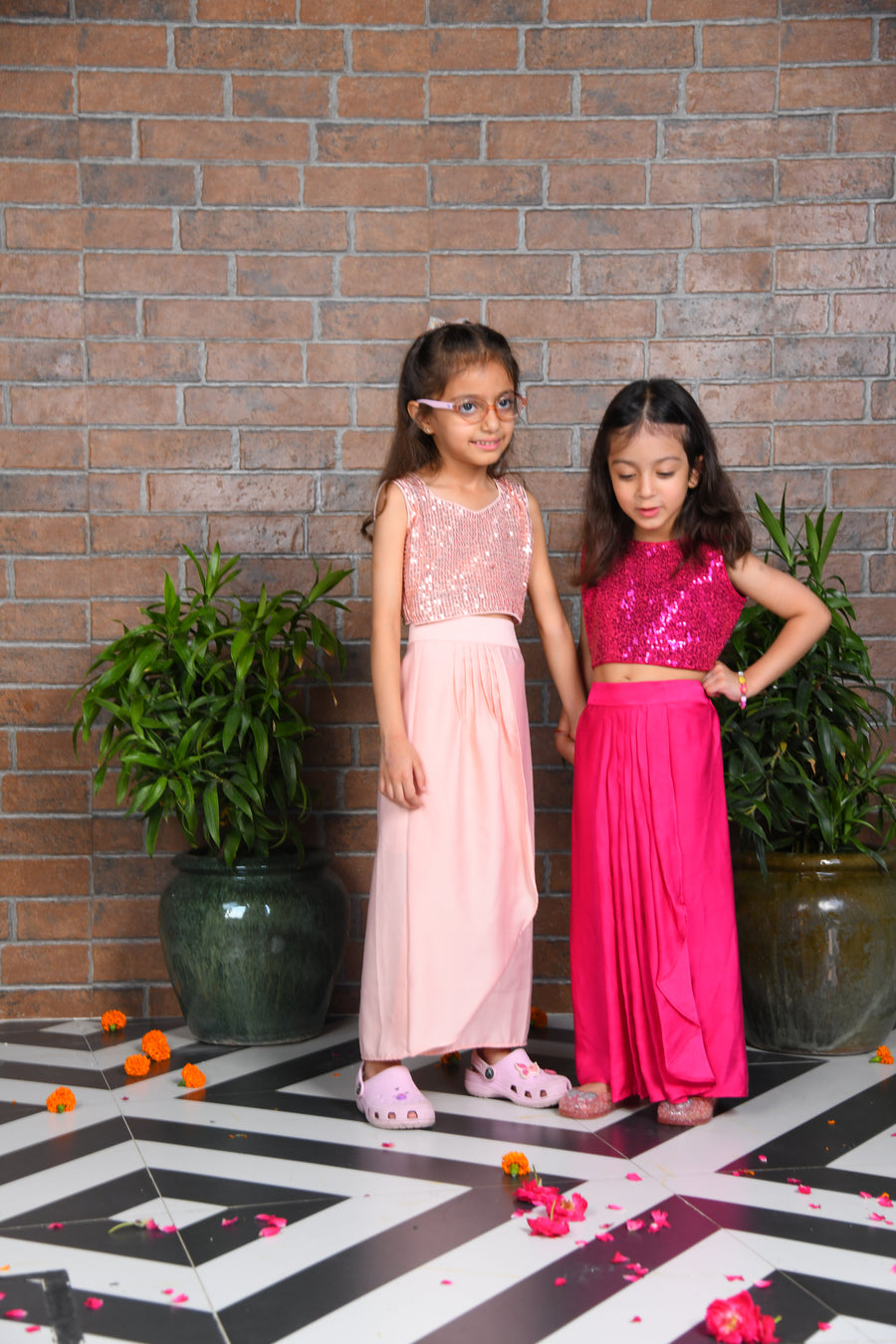 Peach Sequin Top with Dhoti Skirt