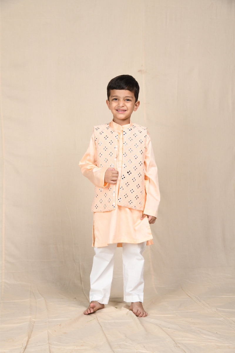 Peach Kurta With Mirrorwork Open Jacket