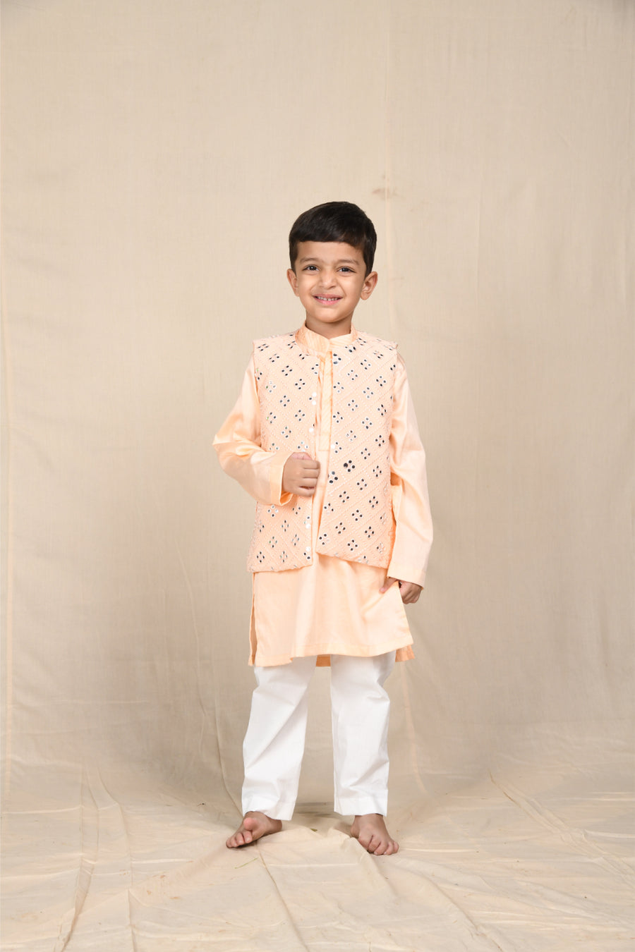 Peach Kurta With Mirrorwork Open Jacket