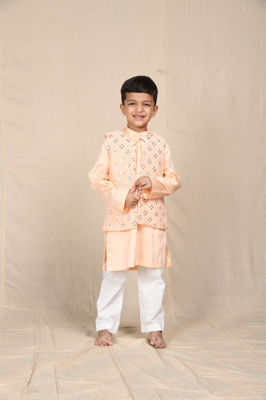 Peach Kurta With Mirrorwork Open Jacket