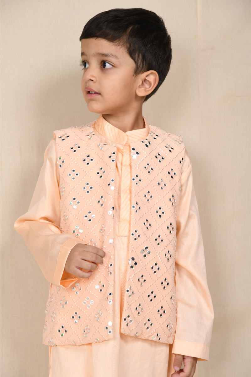 Peach Kurta With Mirrorwork Open Jacket