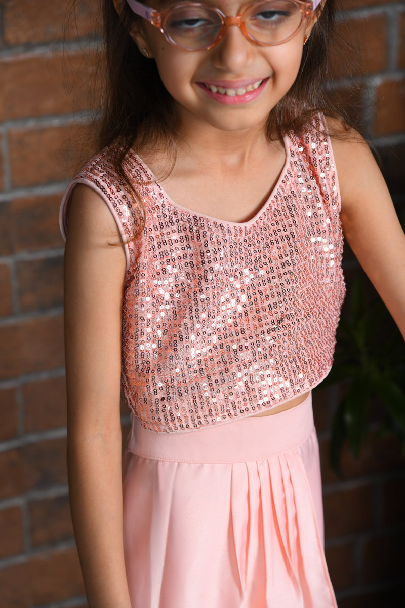 Peach Sequin Top with Dhoti Skirt