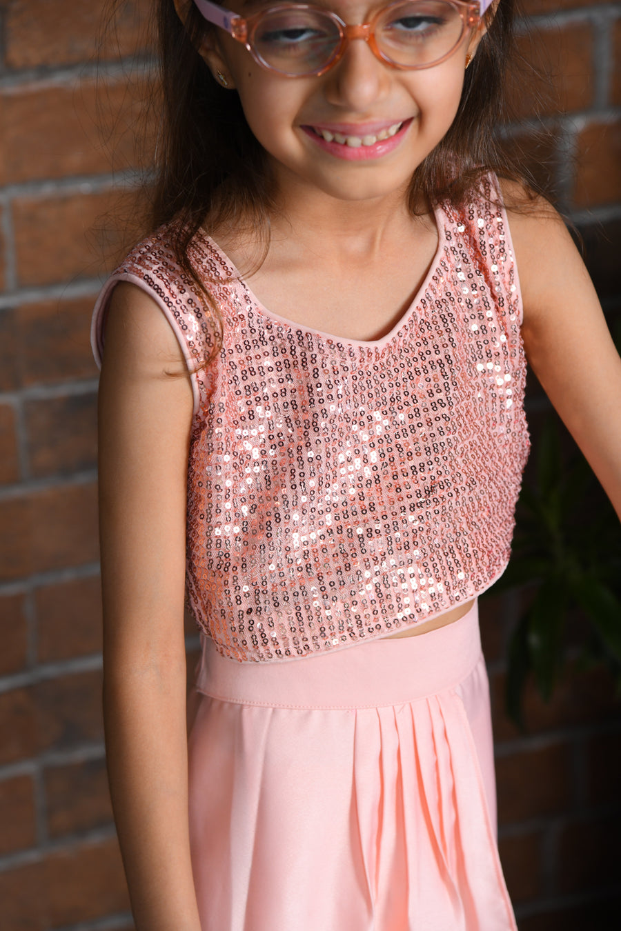 Peach Sequin Top with Dhoti Skirt