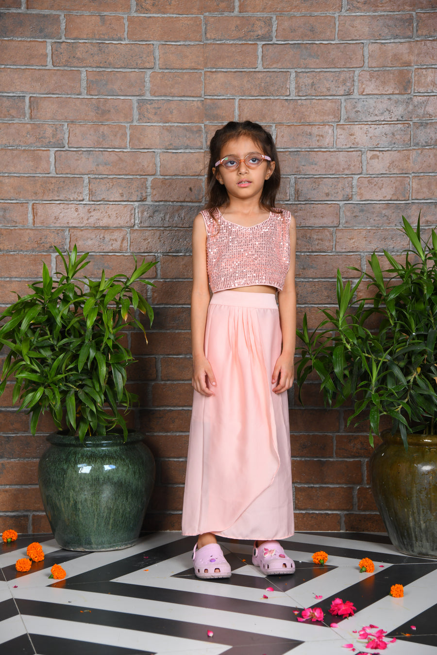 Peach Sequin Top with Dhoti Skirt