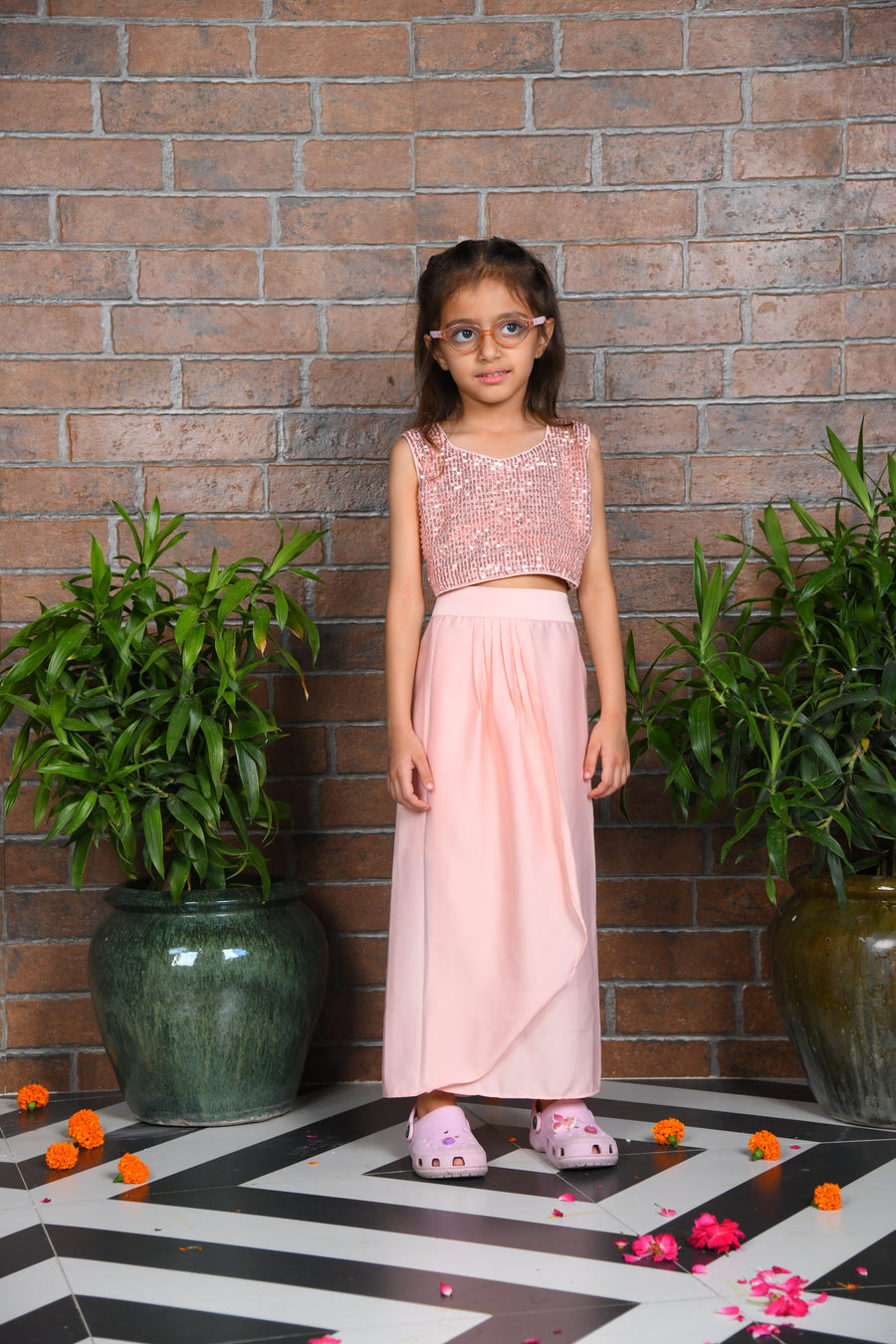 Peach Sequin Top with Dhoti Skirt