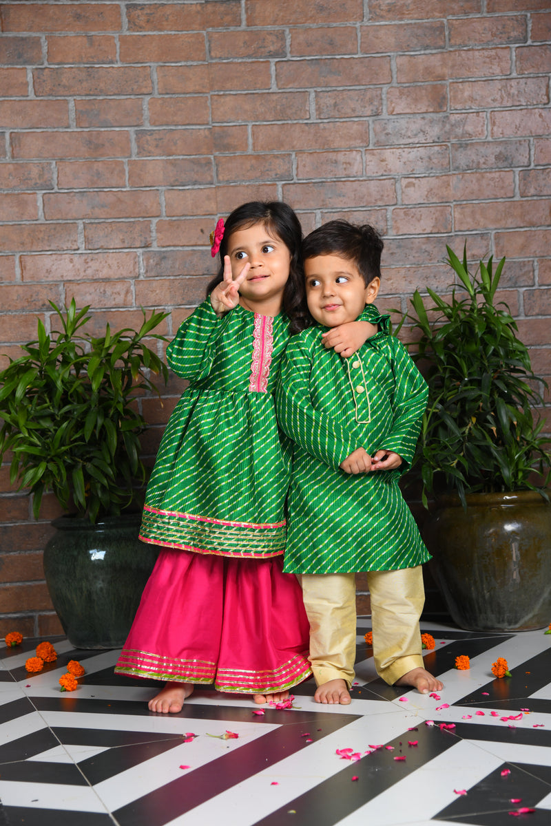 Green Kota Kurta with Pink Sharara