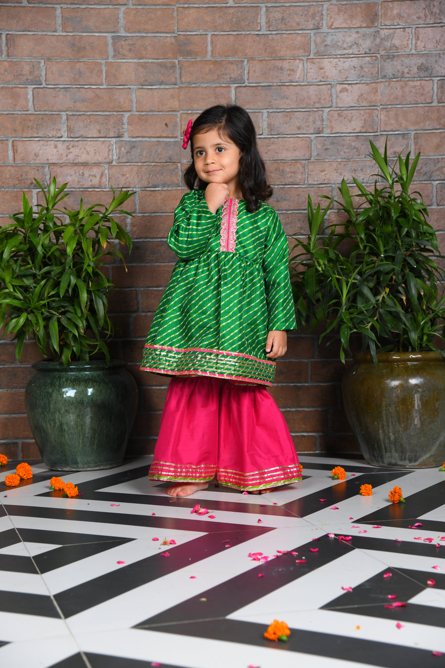 Green Kota Kurta with Pink Sharara