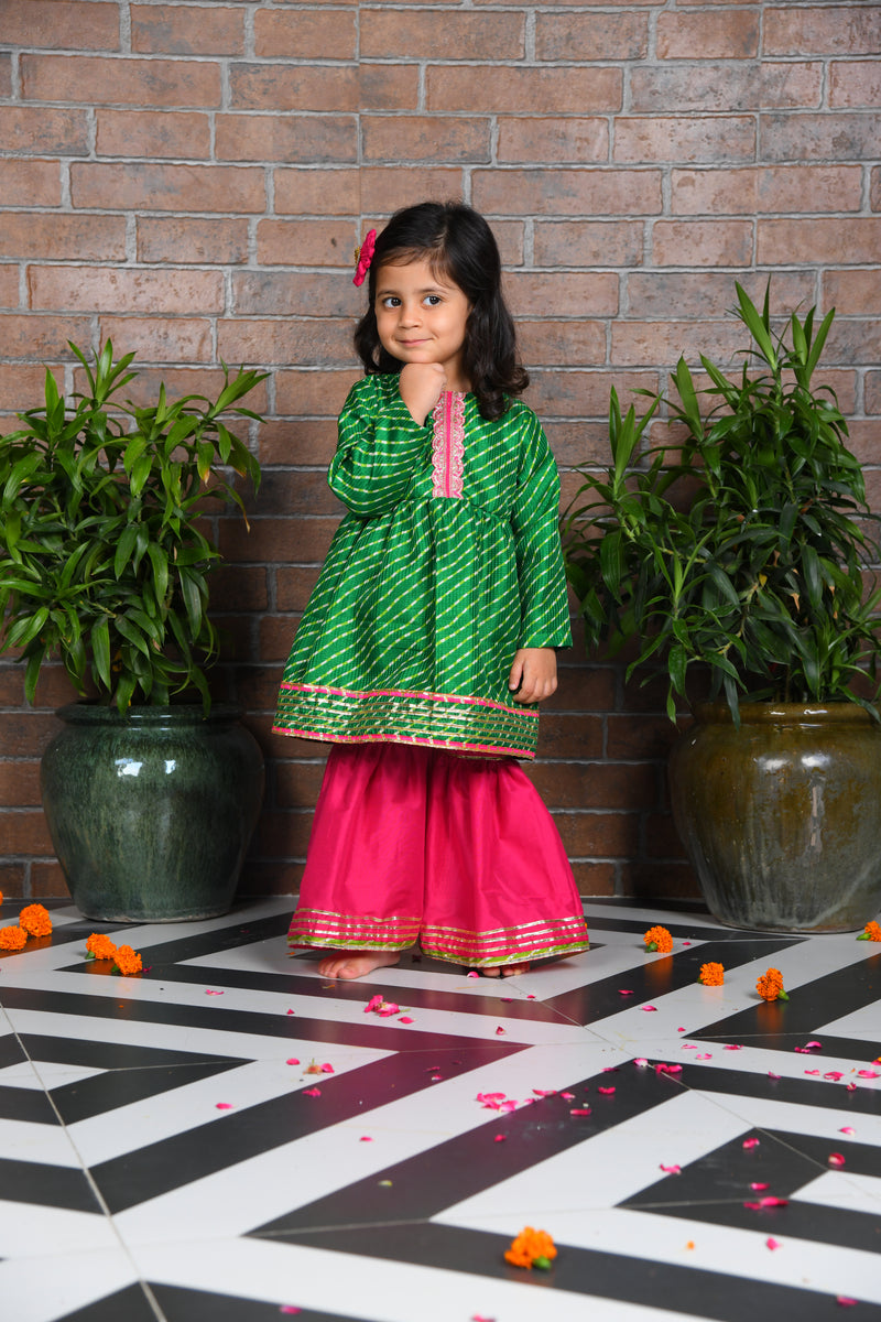 Green Kota Kurta with Pink Sharara