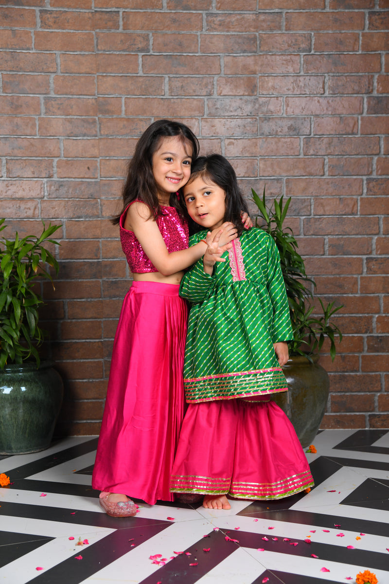 Green Kota Kurta with Pink Sharara