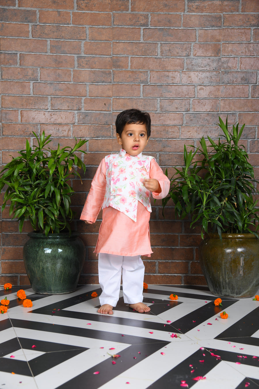 Peach cotton silk kurta with printed floral jacket