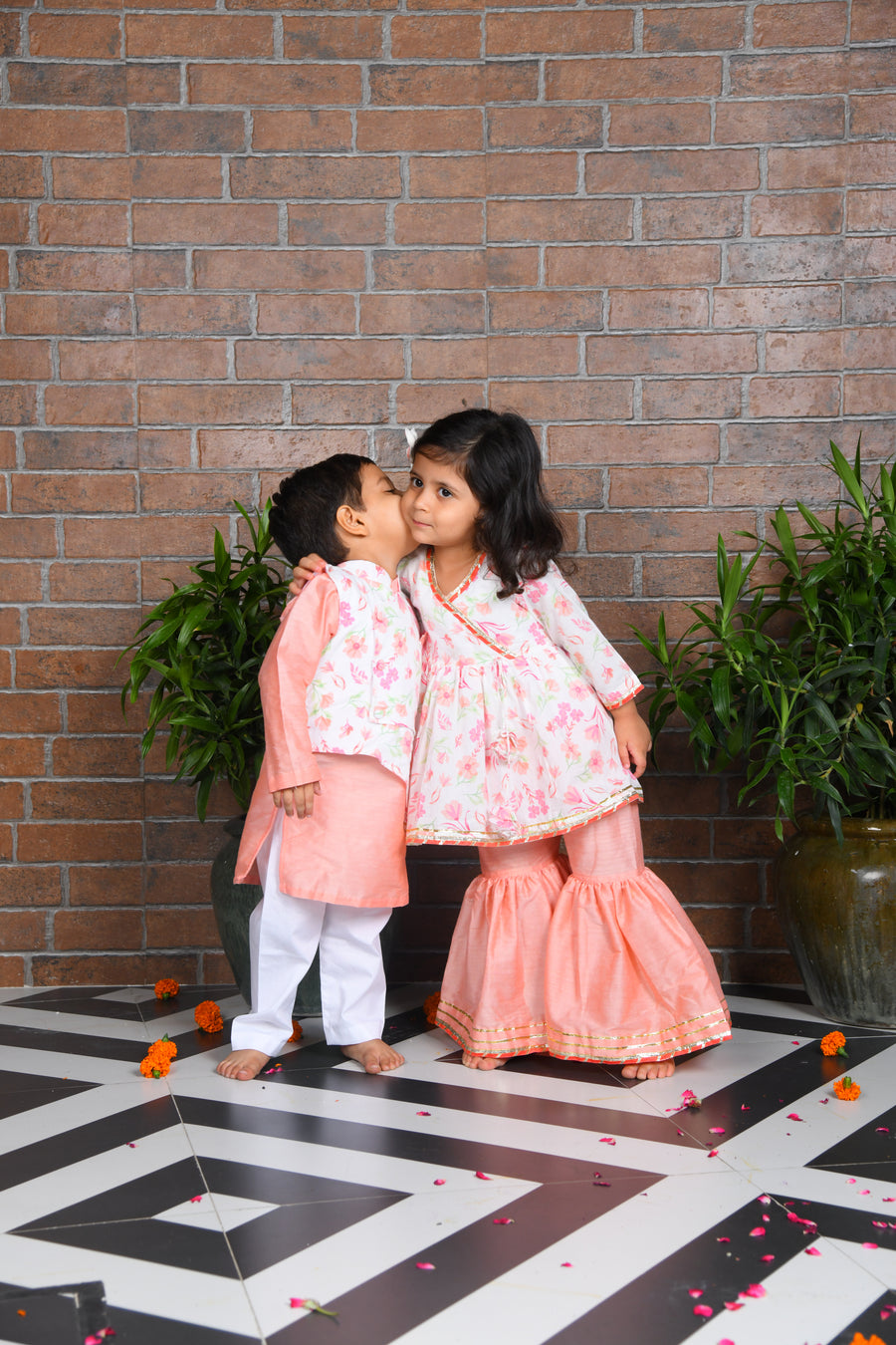 White Floral kurta with peach sharara
