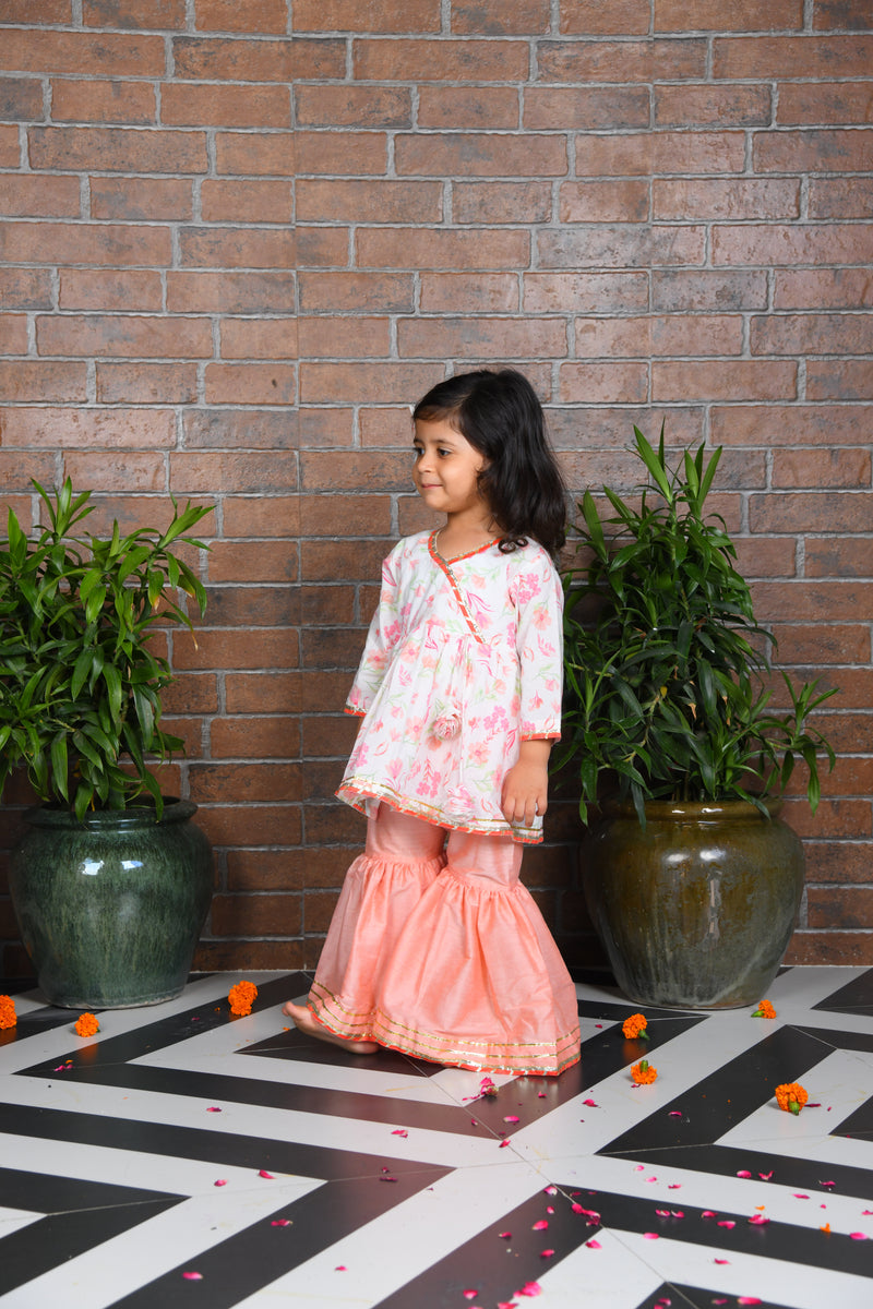 White Floral kurta with peach sharara