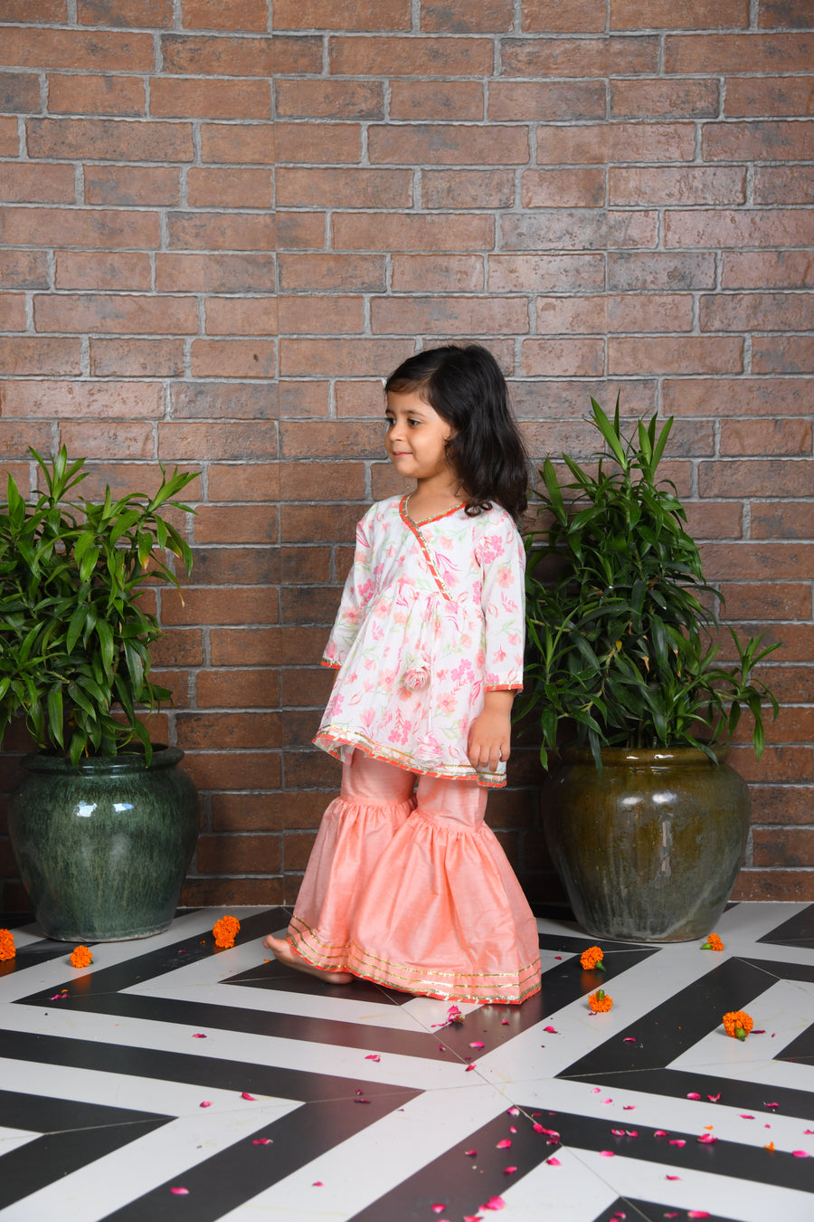 White Floral kurta with peach sharara