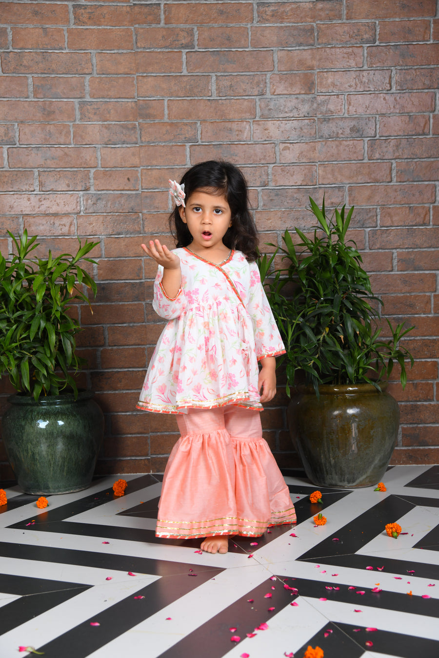 White Floral kurta with peach sharara