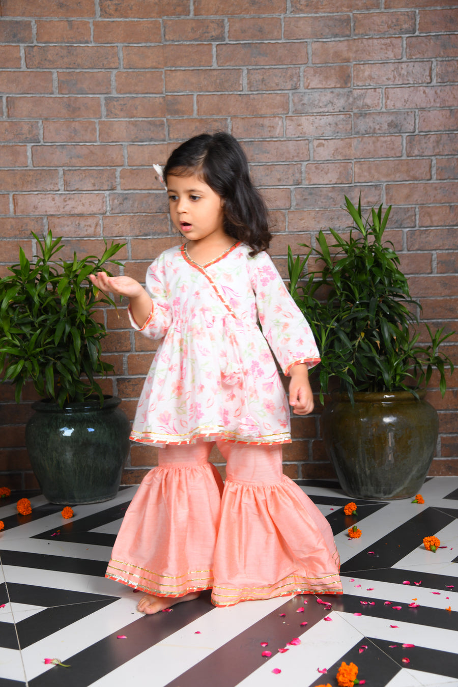 White Floral kurta with peach sharara