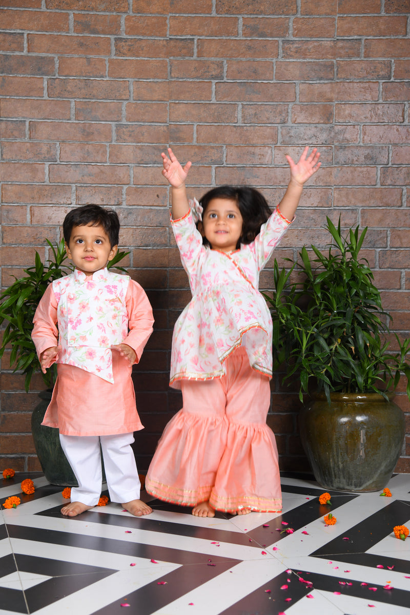 White Floral kurta with peach sharara