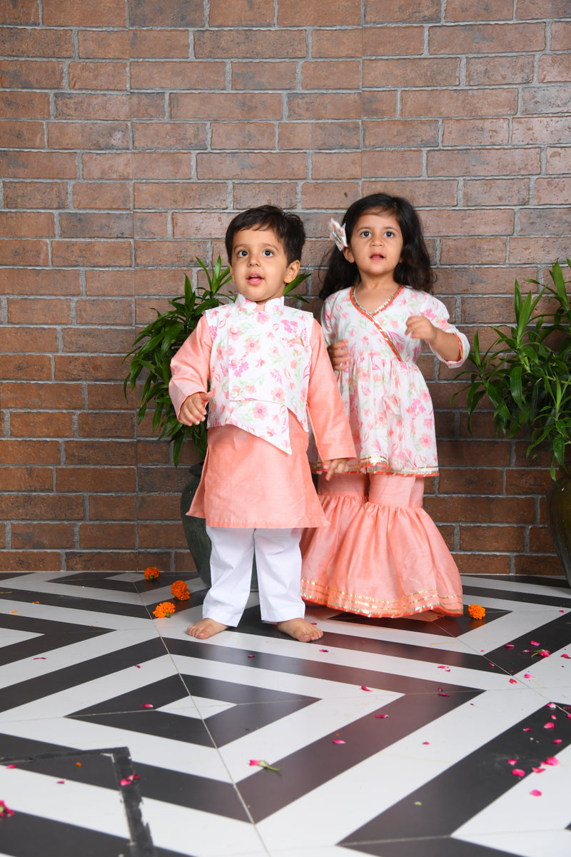 White Floral kurta with peach sharara