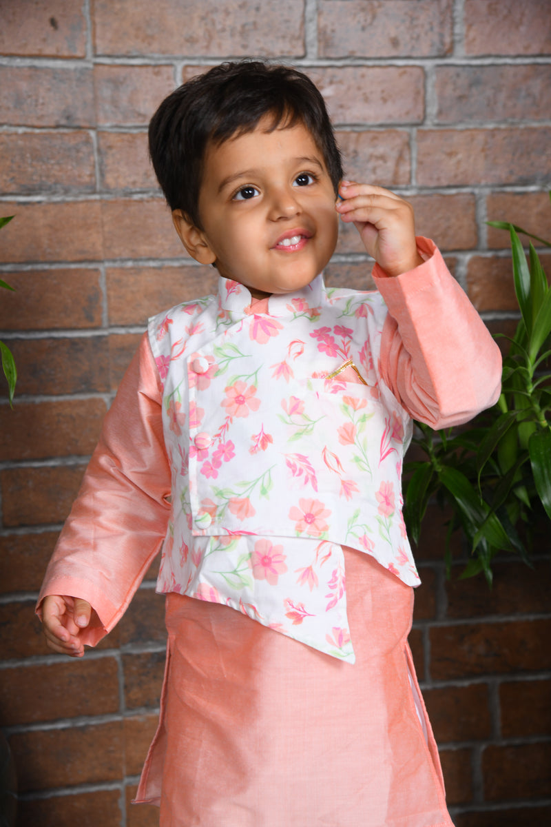 Peach cotton silk kurta with printed floral jacket