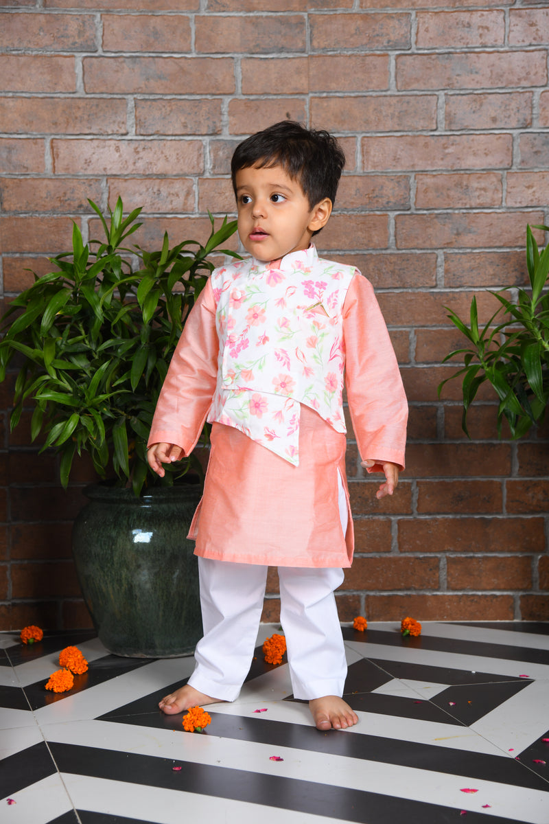 Peach cotton silk kurta with printed floral jacket