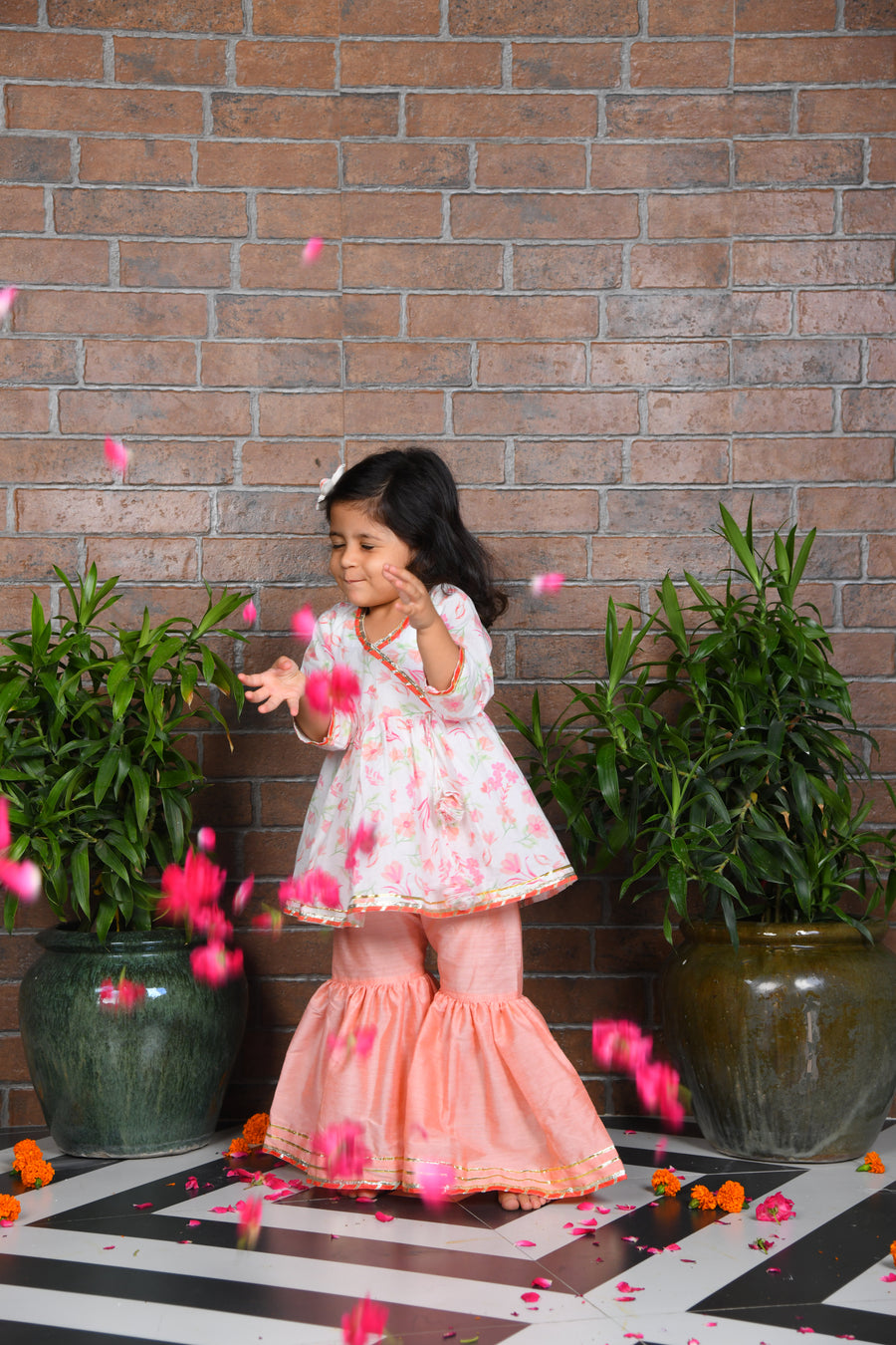 White Floral kurta with peach sharara