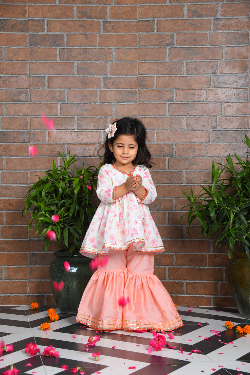 White Floral kurta with peach sharara