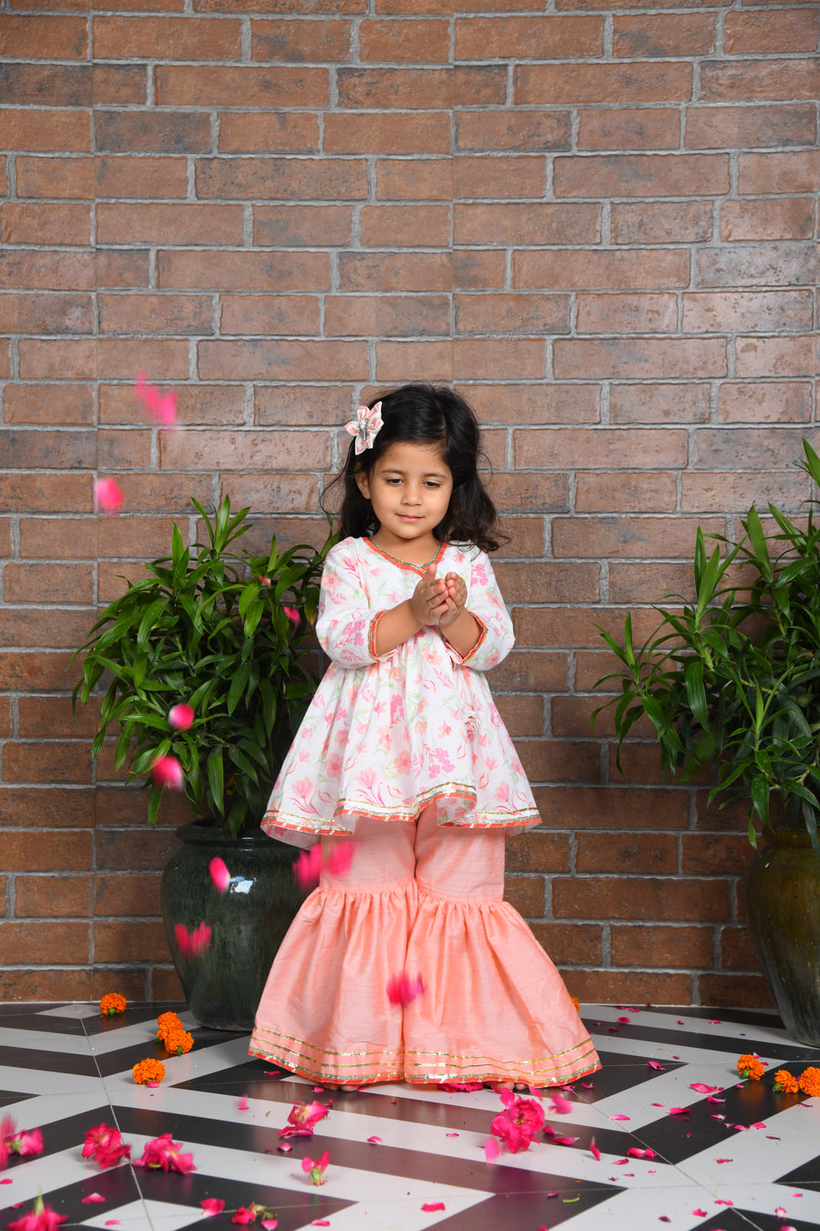White Floral kurta with peach sharara