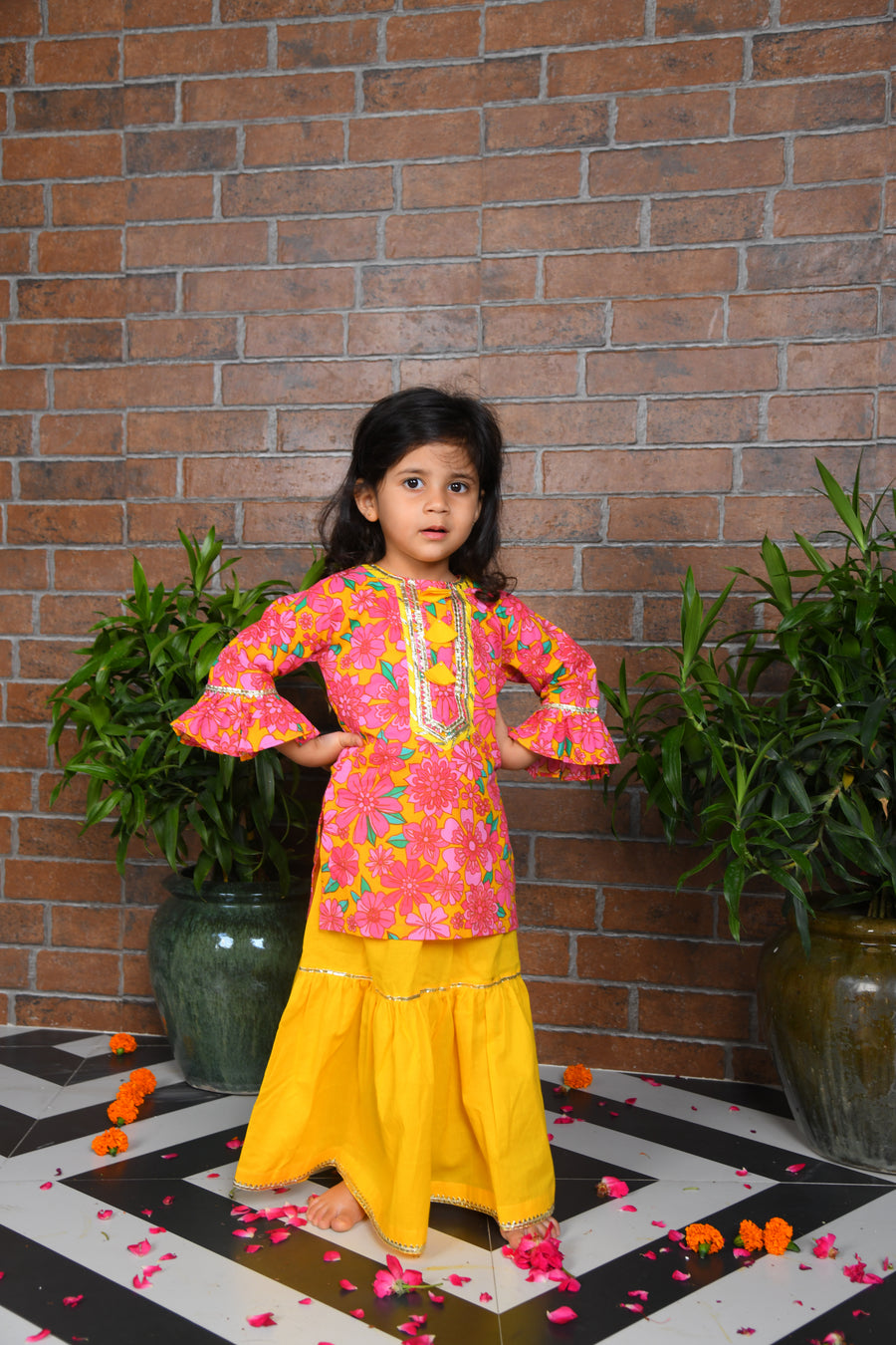 pink floral kurta with yellow lengha and chunni