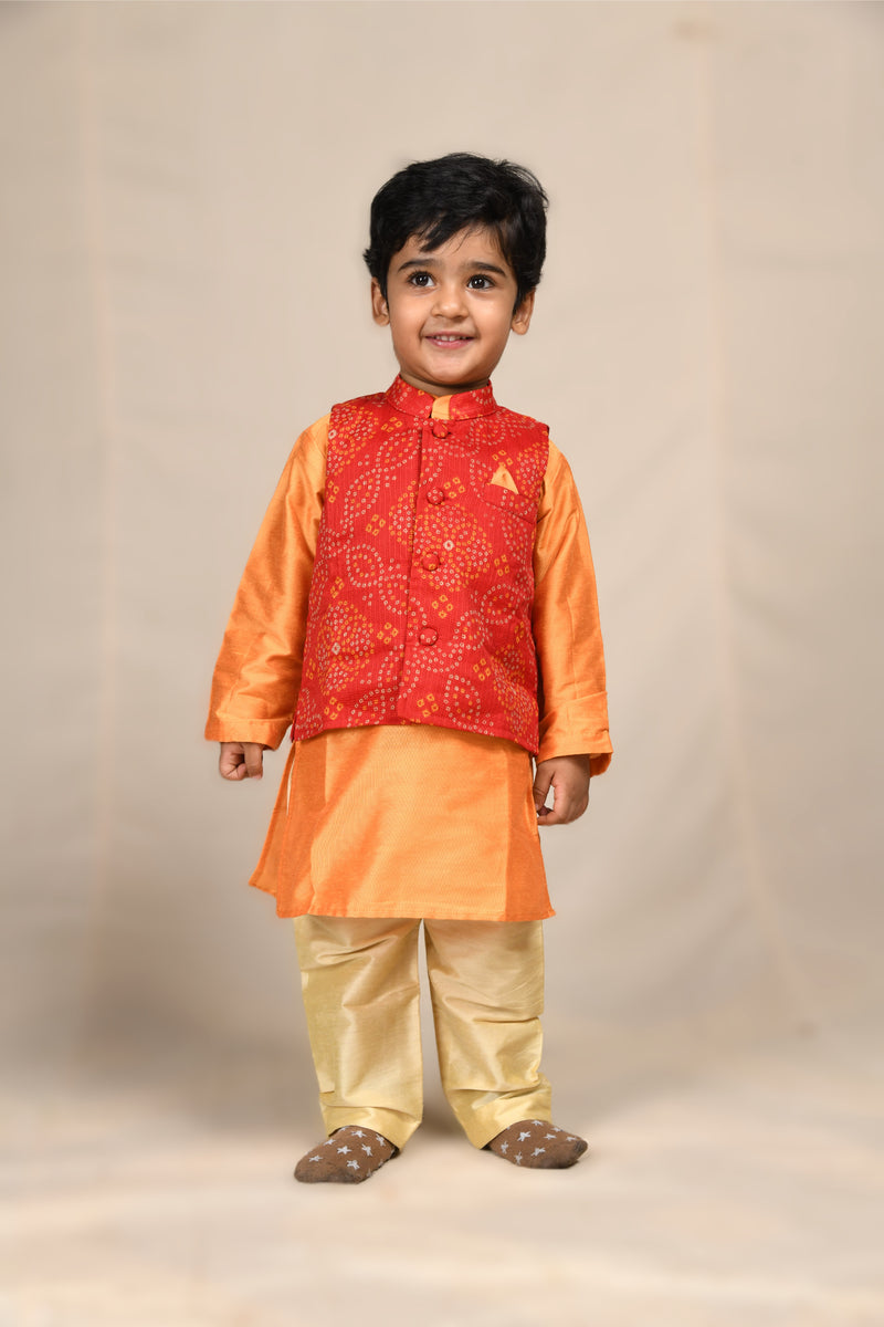 Orange Kurta With Bandhani Jacket