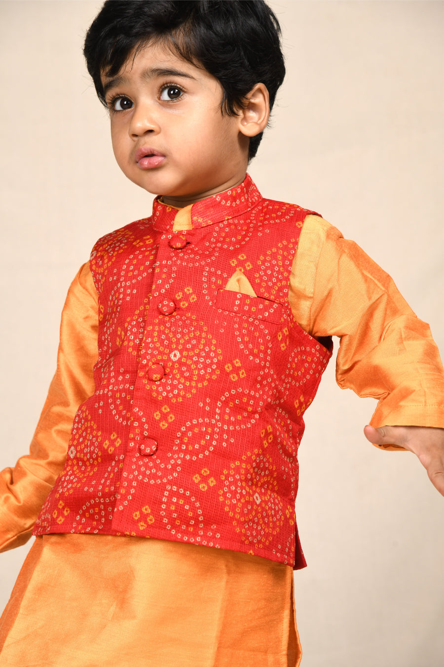 Orange Kurta With Bandhani Jacket