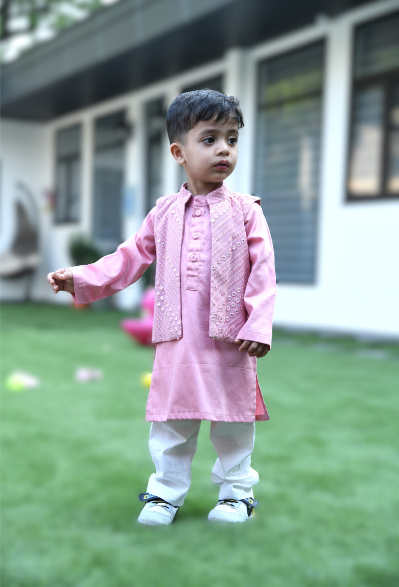 Pink Kurta With Mirror Work Open Jacket