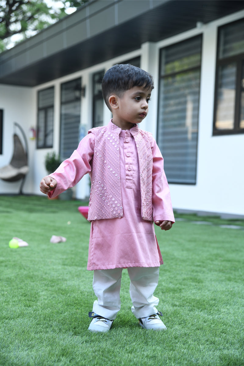 Pink Kurta With Mirror Work Open Jacket