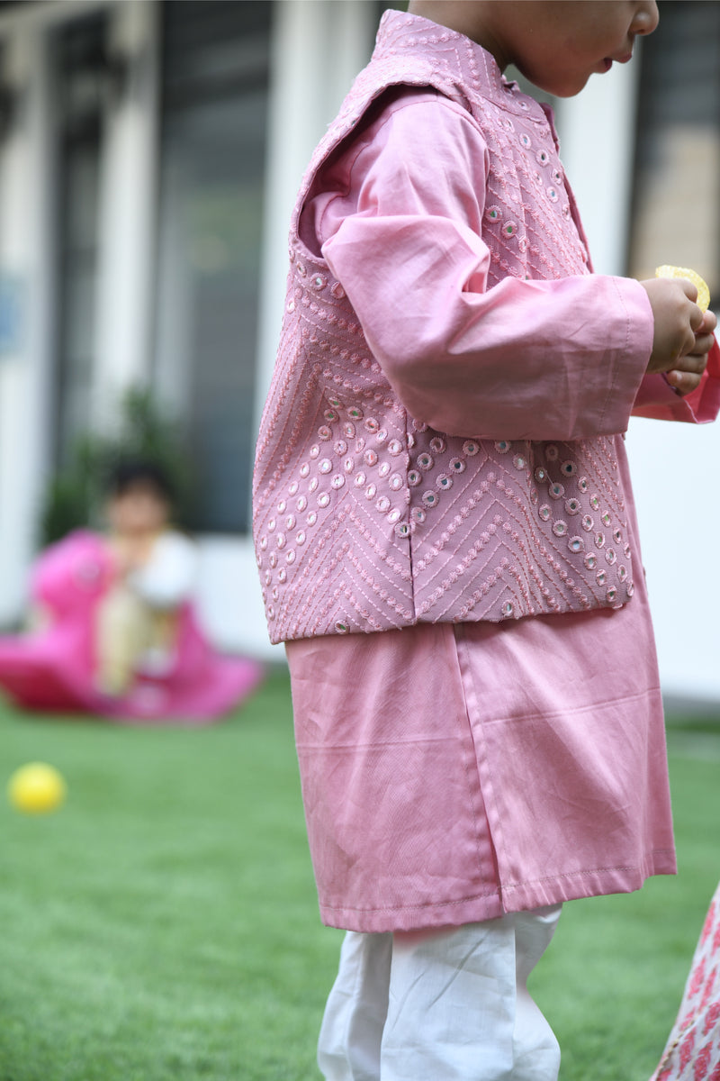 Pink Kurta With Mirror Work Open Jacket