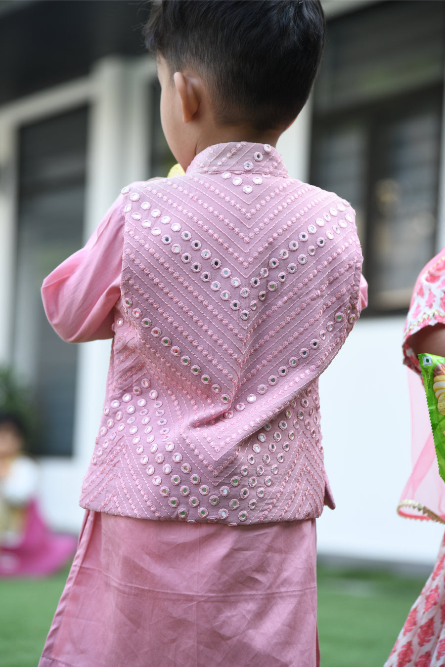 Pink Kurta With Mirror Work Open Jacket