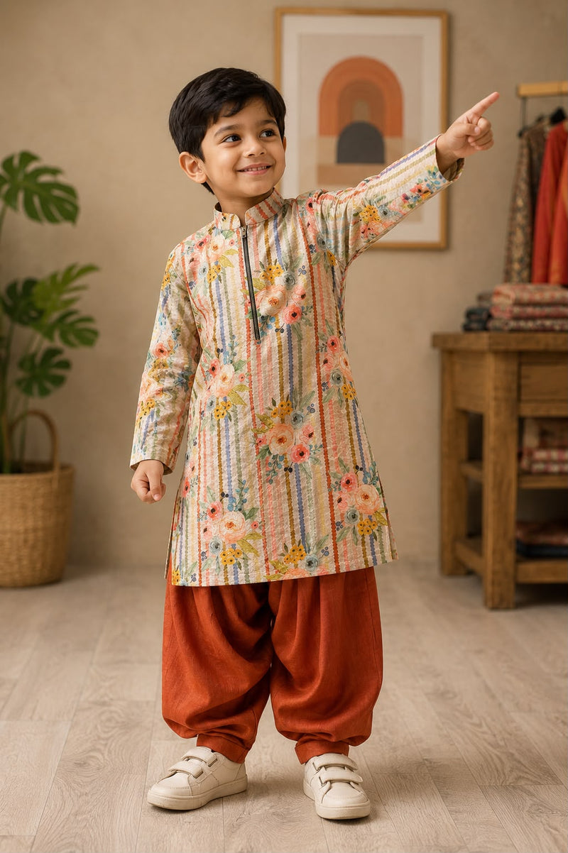 Beige floral kurta with salwar