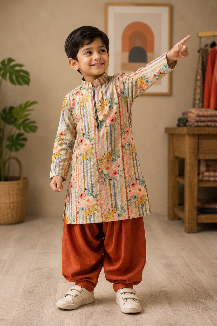 Beige floral kurta with salwar