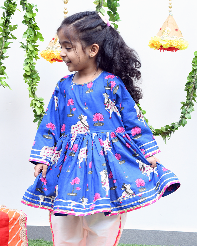 Blue Pichwai girls kurta with dhoti pants