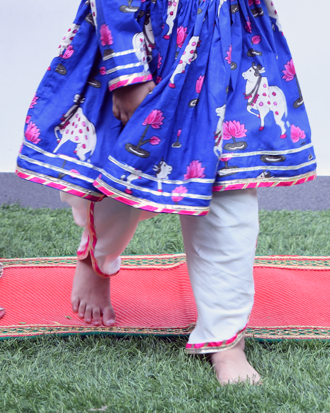 Blue Pichwai girls kurta with dhoti pants