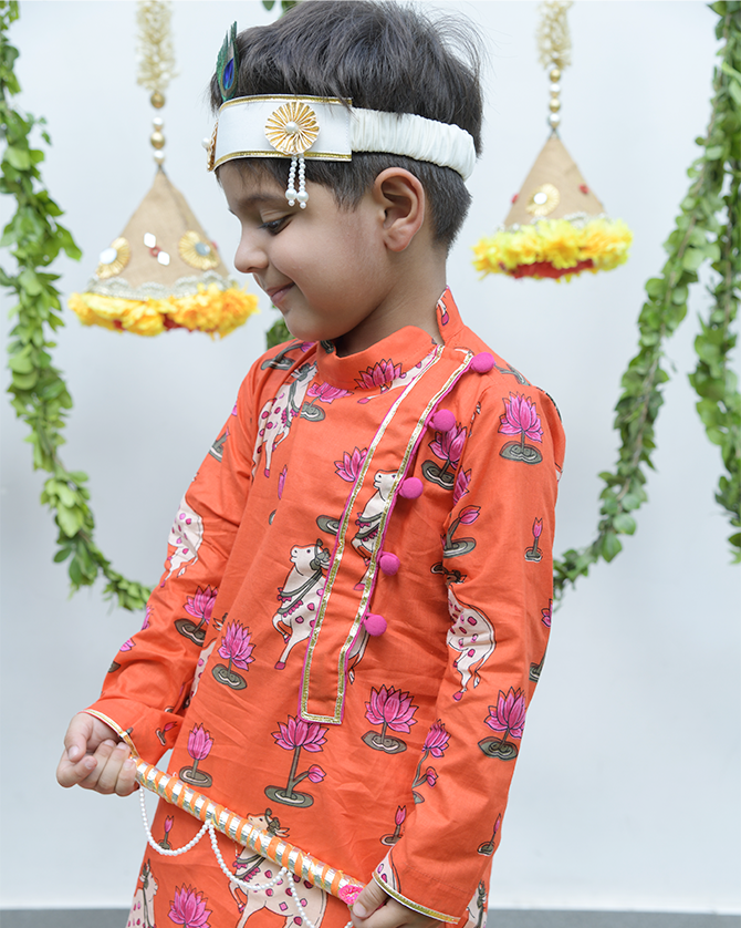 Orange Pichwai Kurta with Dhoti