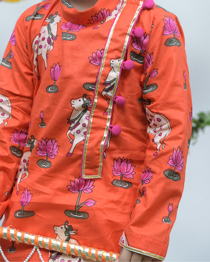 Orange Pichwai Kurta with Dhoti