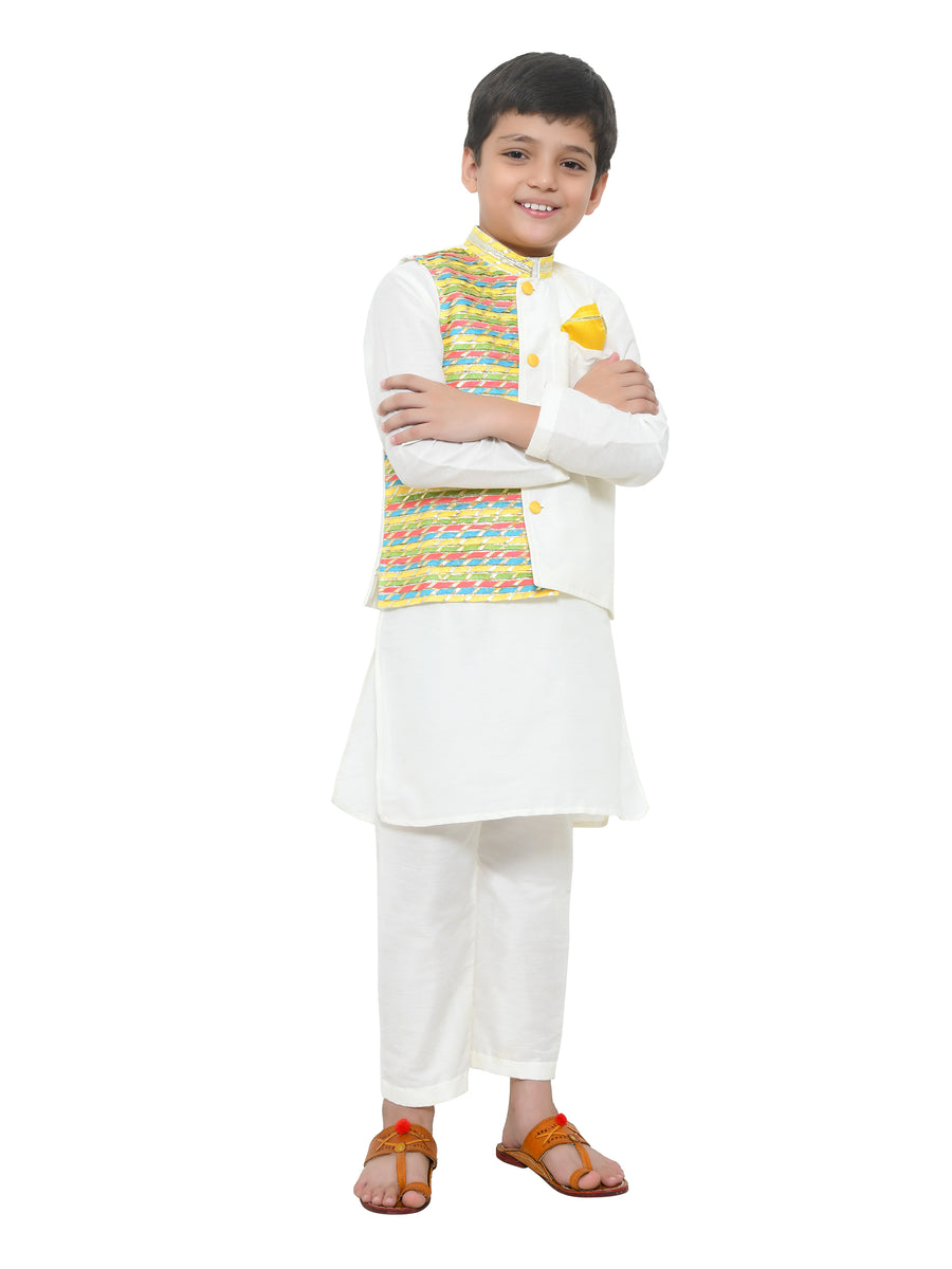 Multicolor Lace Work Jacket With Kurta And Pyjama