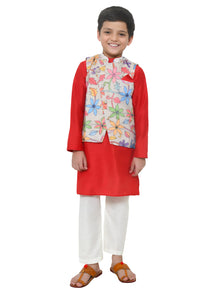 Red Kurta With Floral Printed Jacket And Lower