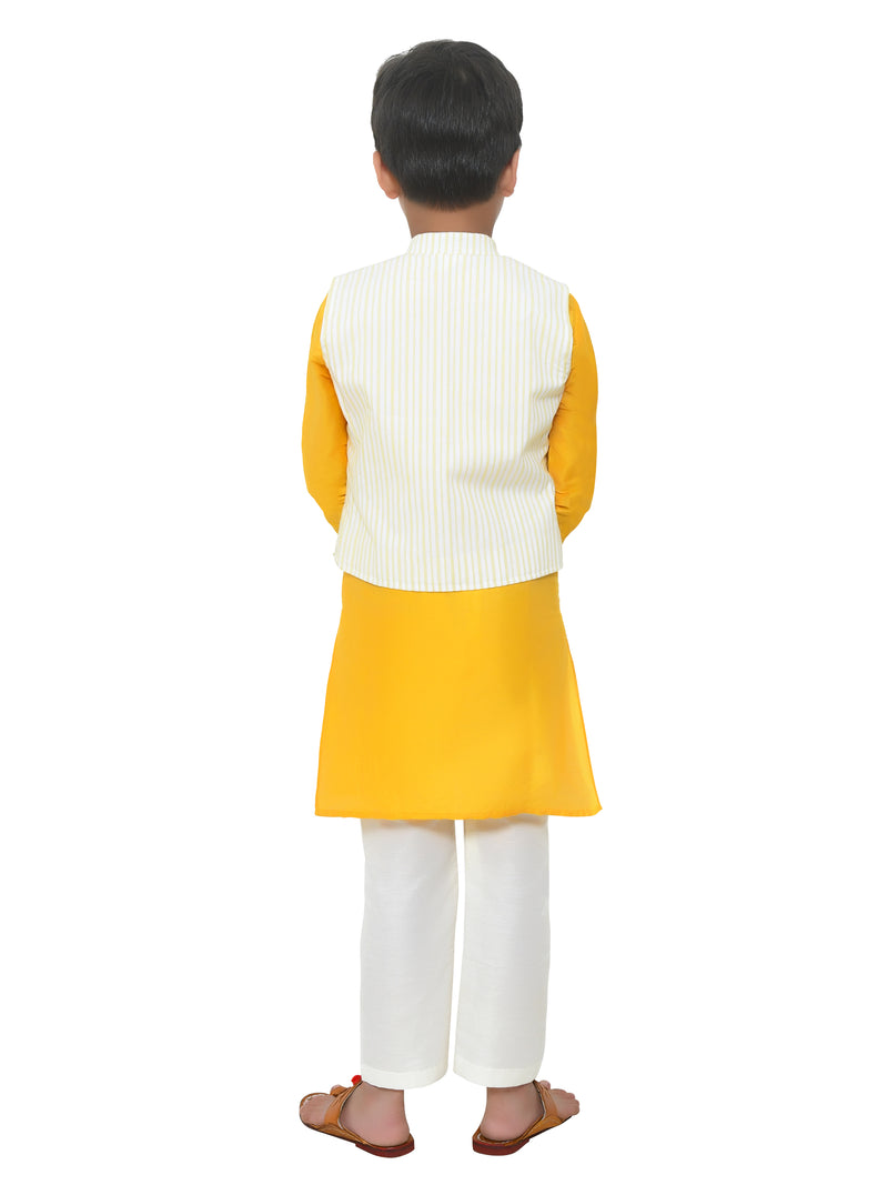 Stripped Asymmetric Jacket With Mustard Yellow Kurta And Pyjama