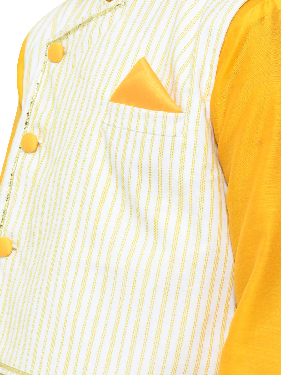 Stripped Asymmetric Jacket With Mustard Yellow Kurta And Pyjama