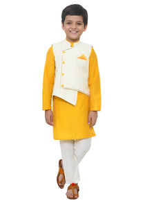  Stripped Asymmetric Jacket With Mustard Yellow Kurta And Pyjama