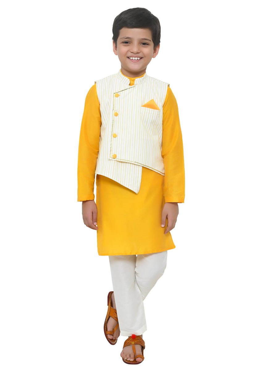 Stripped Asymmetric Jacket With Mustard Yellow Kurta And Pyjama