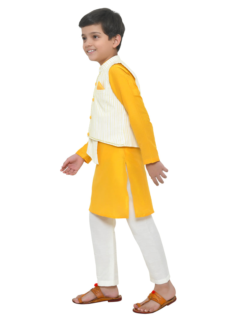 Stripped Asymmetric Jacket With Mustard Yellow Kurta And Pyjama