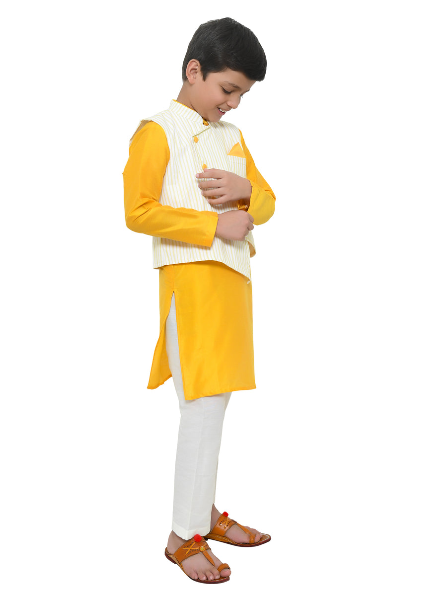 Stripped Asymmetric Jacket With Mustard Yellow Kurta And Pyjama