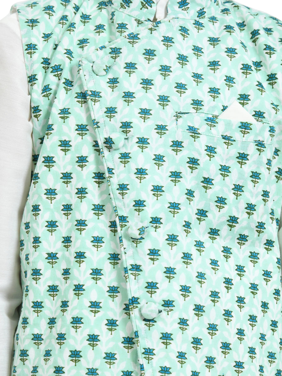Off White Kurta With Sea Green Printed Jacket