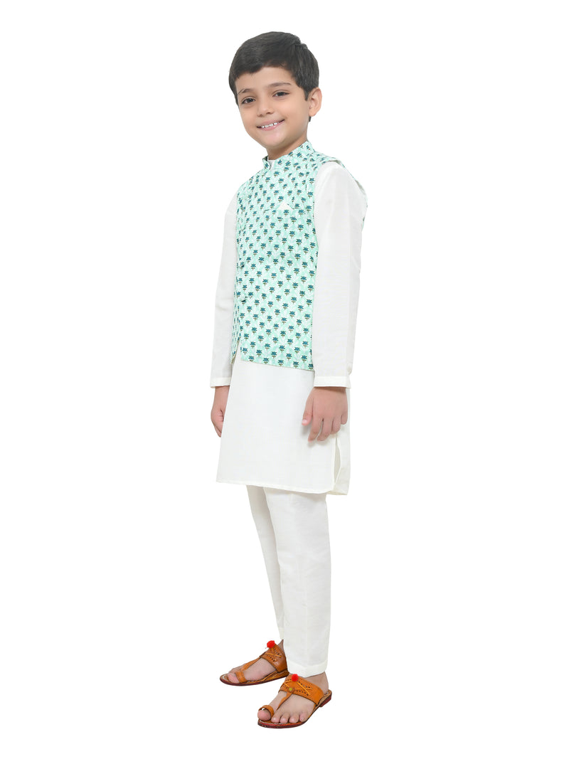 Off White Kurta With Sea Green Printed Jacket