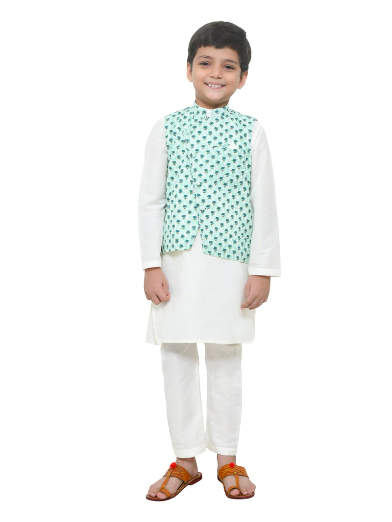 Off White Kurta With Sea Green Printed Jacket